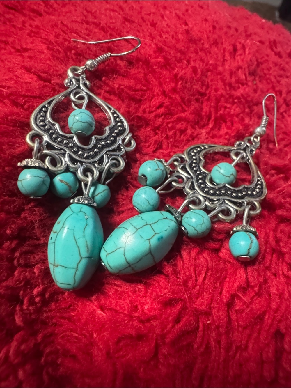 Turquoise Bead Dangle Earrings - Bohemian Silver-Tone